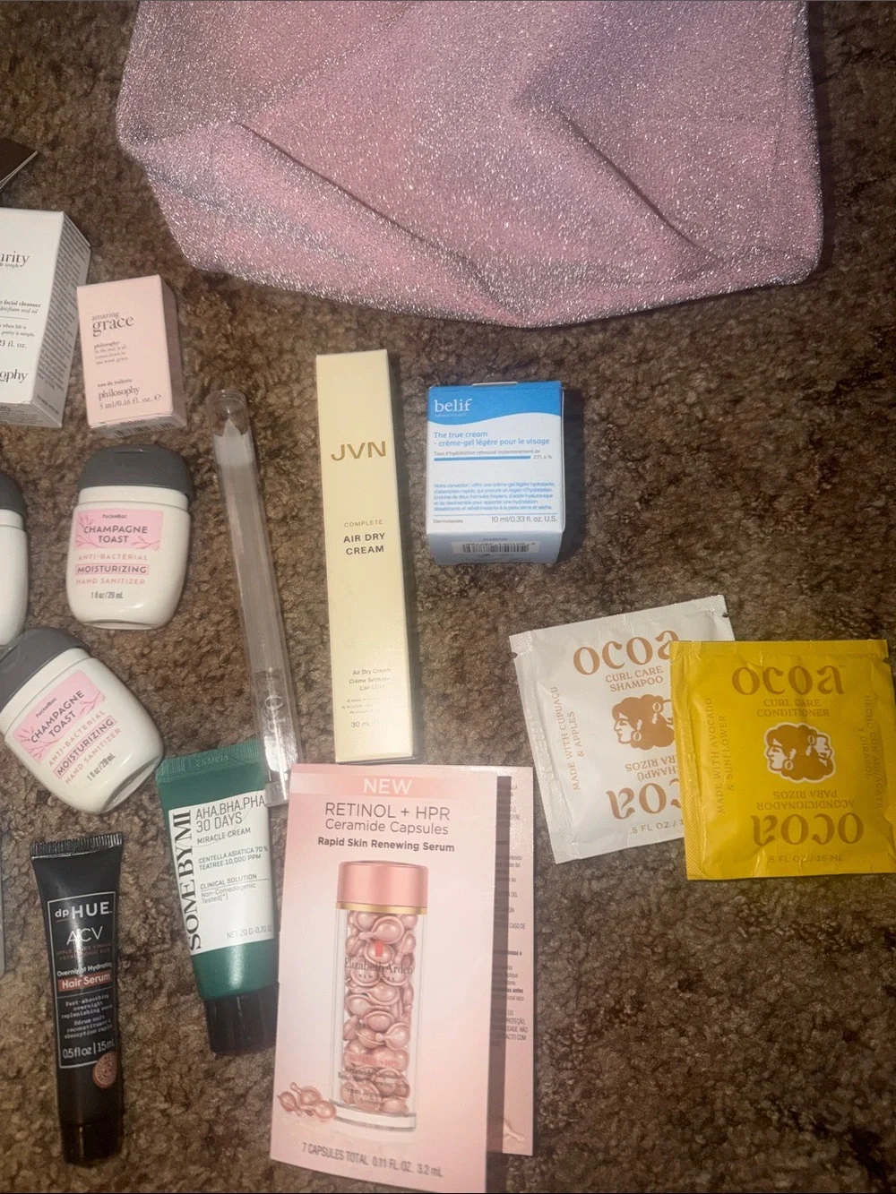 Ulta Beauty Pink Shimmer Drawstring Makeup Bag with Assorted Skincare Samples